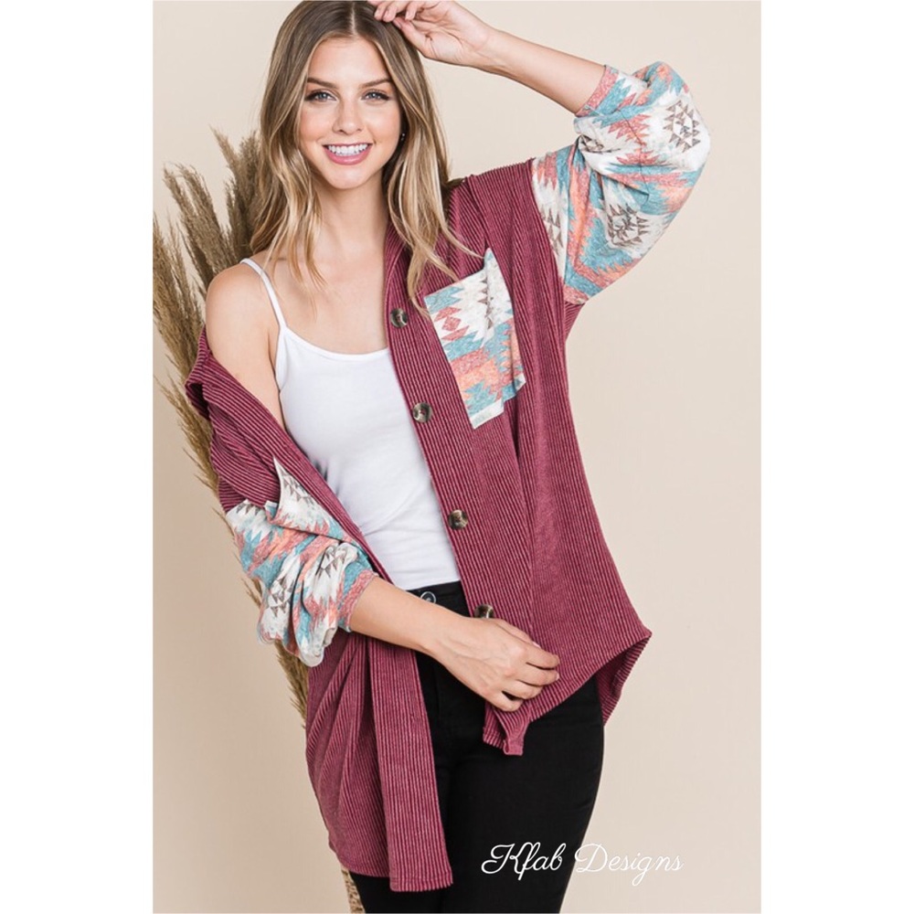 ❤️LAST! Wine Aztec Contrast Plush Oversized Button Up Jacket! - Picture 7 of 11